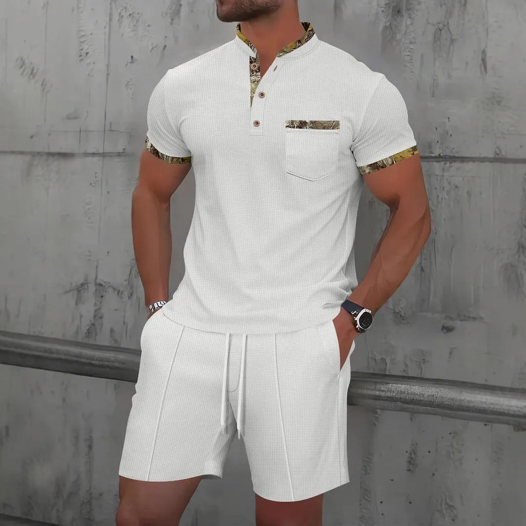 Men's grey cotton blend short sleeve zip-up jacket with matching shorts summer suit