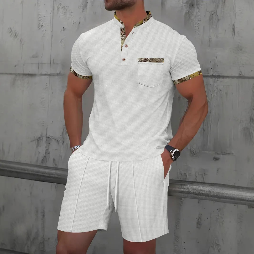 Men's grey cotton blend short sleeve zip-up jacket with matching shorts summer suit