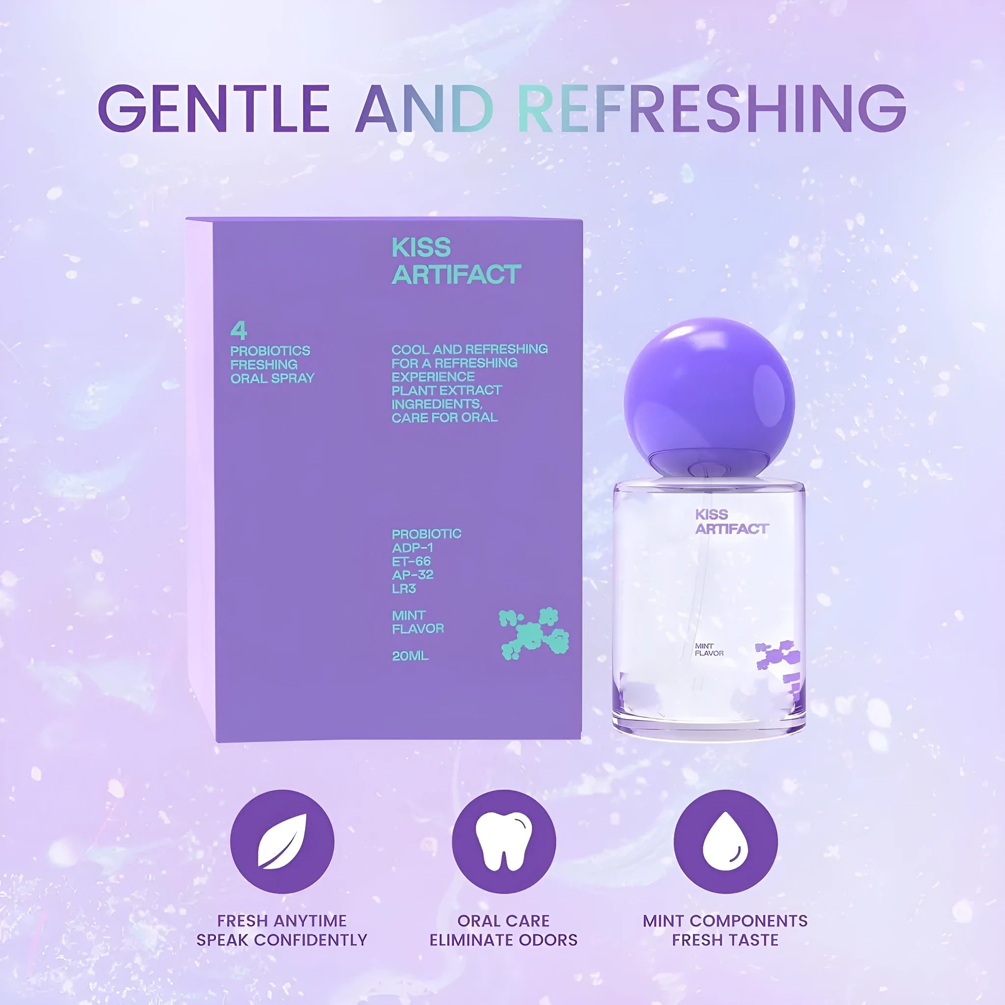 20ml portable oral spray bottle with a white pump head, labelled for probiotics and hydration.