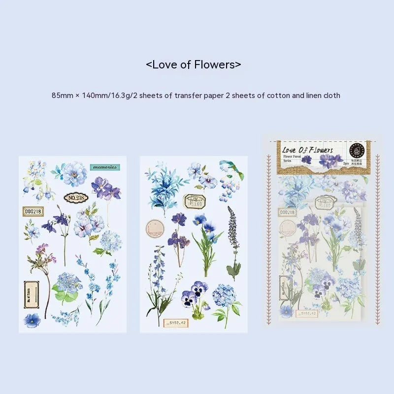 Huazhisen Series art sticker label pack showing six floral and forest-themed colour options on 85mm by 180mm sheets.