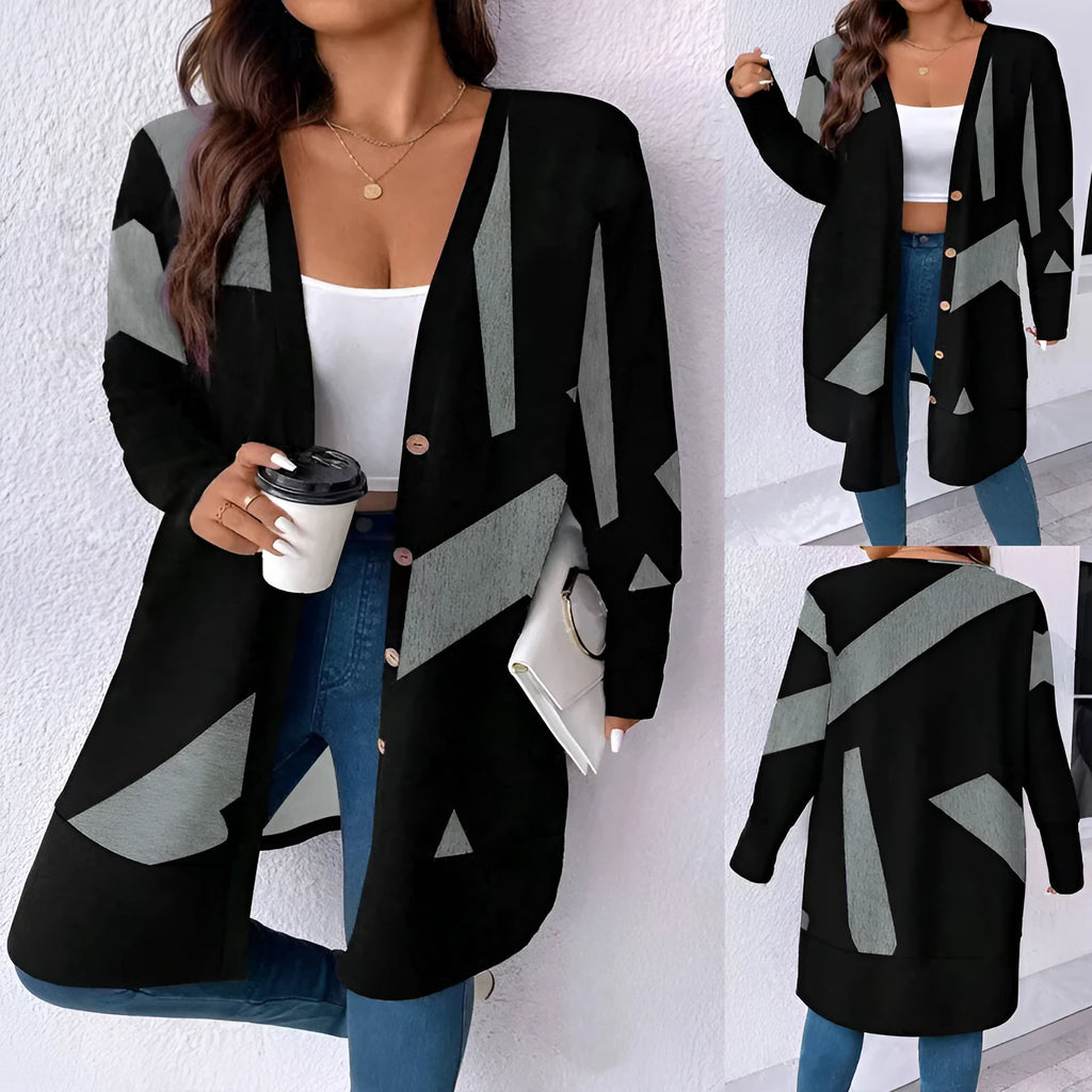 Black plus size casual cardigan coat with button stitching and printing details, loose fit