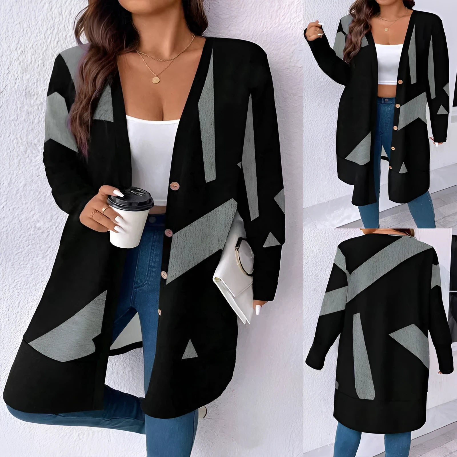 Black plus size casual cardigan coat with button stitching and printing details, loose fit