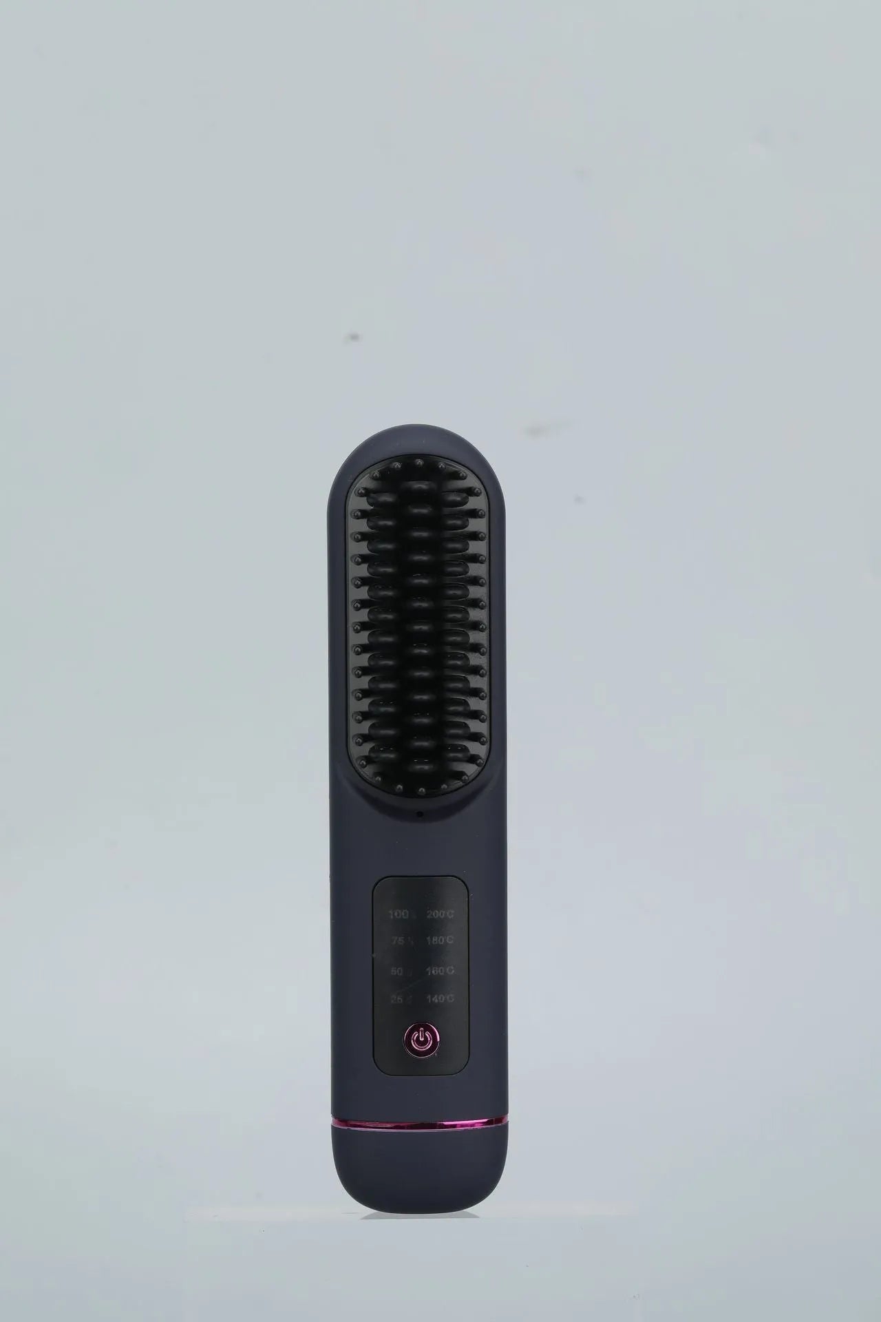 A portable negative ion hair straightening comb in a choice of white, dark blue, or grey colours.