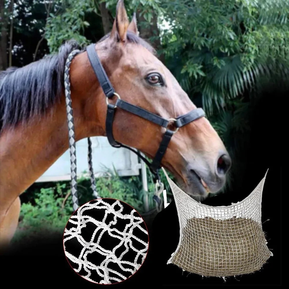 Woven PE rope mesh horse feeding bag hanging with hay inside, black colour shown