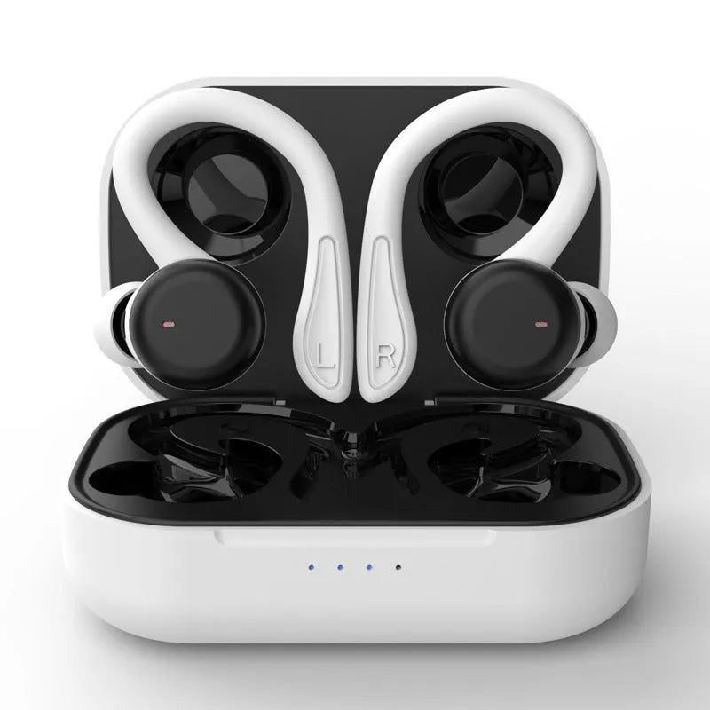 True wireless sports headphones with active noise cancelling shown in black, with removable ear hooks and multiple earbud sizes.