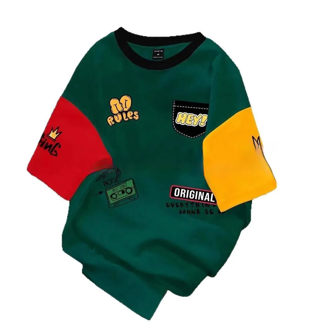 Printed loose fit short sleeve t-shirt with digital letter pattern on polyester fabric