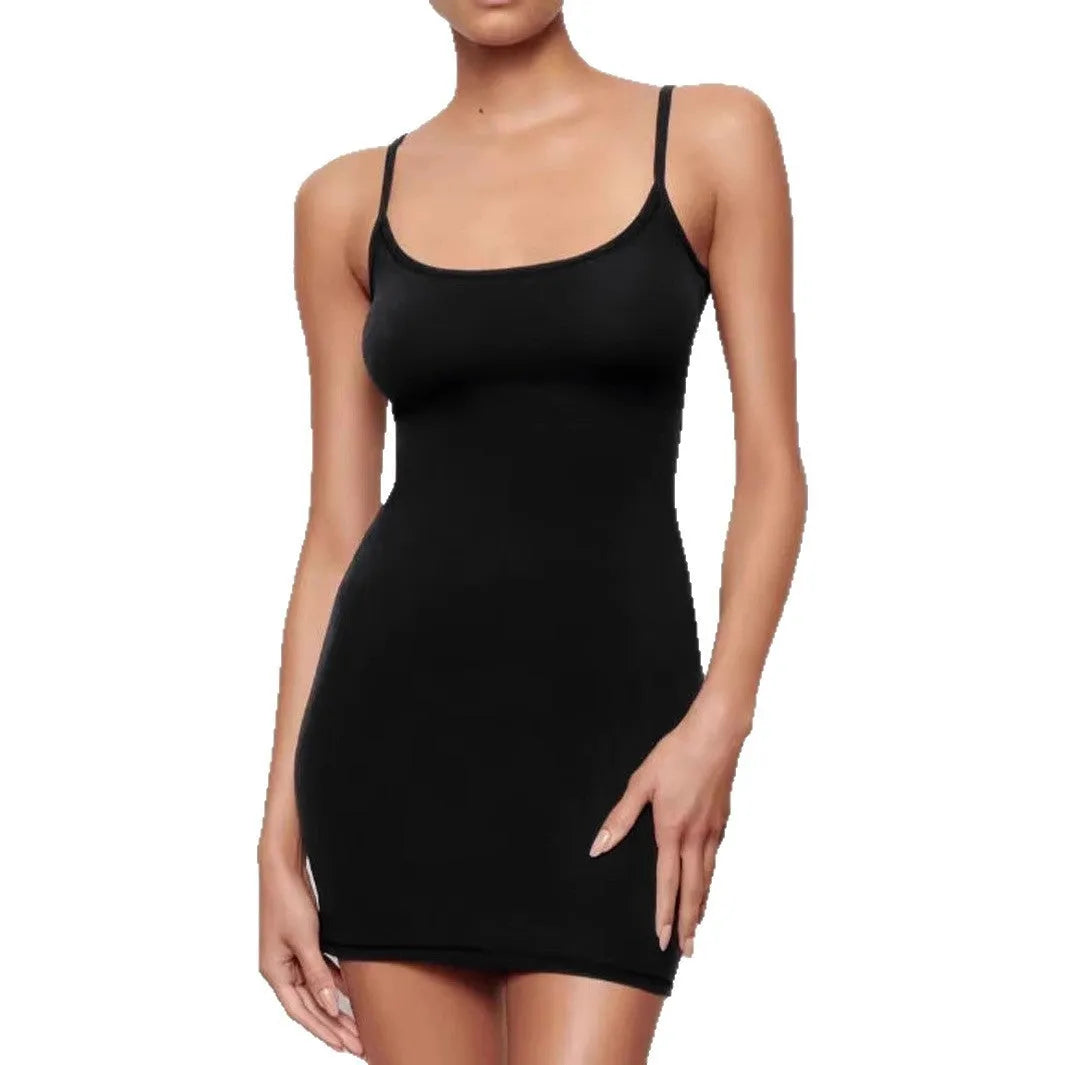 Black sling-style slim sheath dress with sleeveless design and mid-waist cut