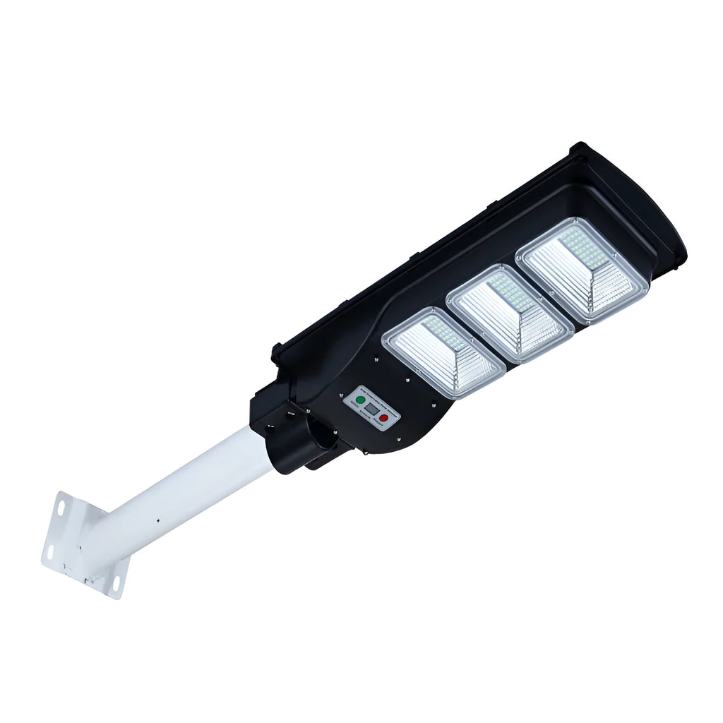 Integrated solar-powered street light with LED panel and remote control for outdoor use.