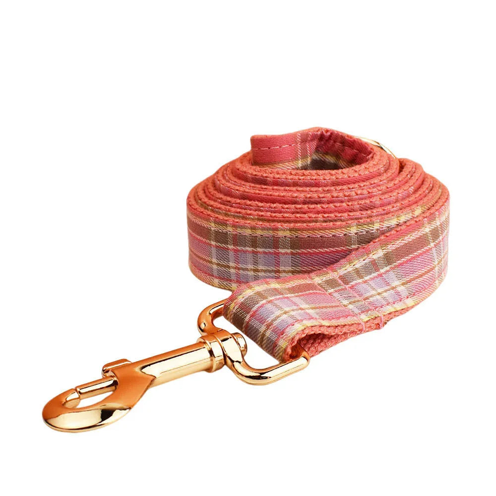 Plaid cloth pet collar traction rope set with dog leash, bow, and dog vest for small dogs
