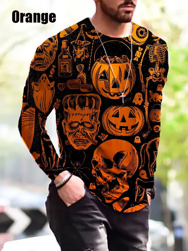 Men's camouflage print long-sleeved T-shirt with round neckline on white background