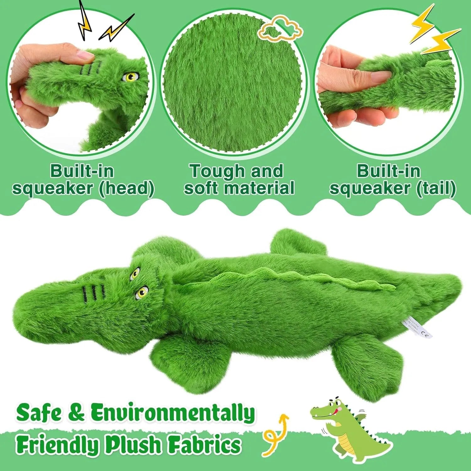 Green plush crocodile dog toy with no stuffing, for aggressive chewers.