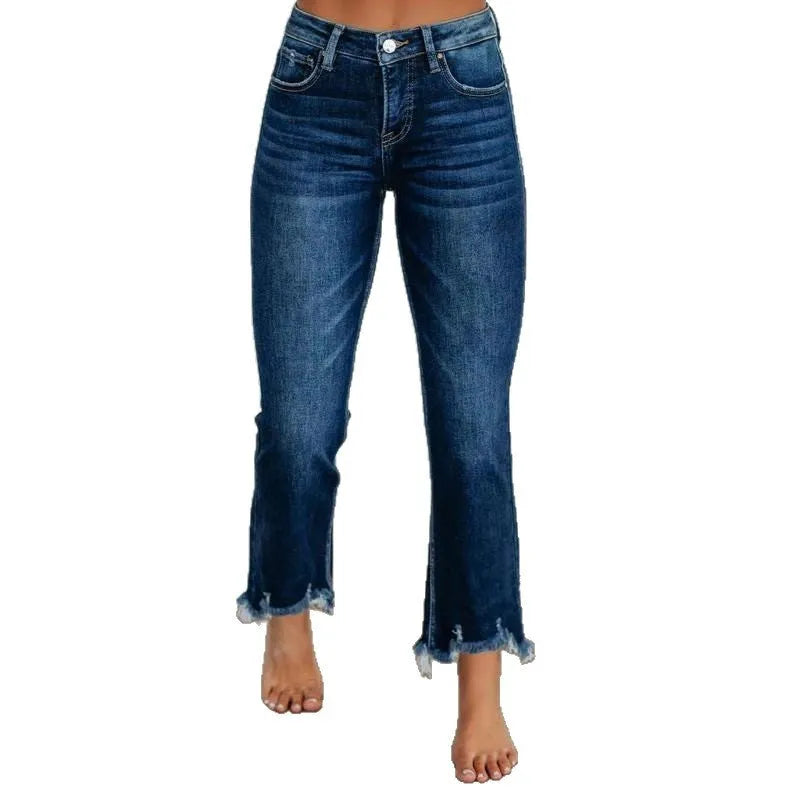 Women's casual denim pants with hand-worn distressing in dark blue or light blue solid colours