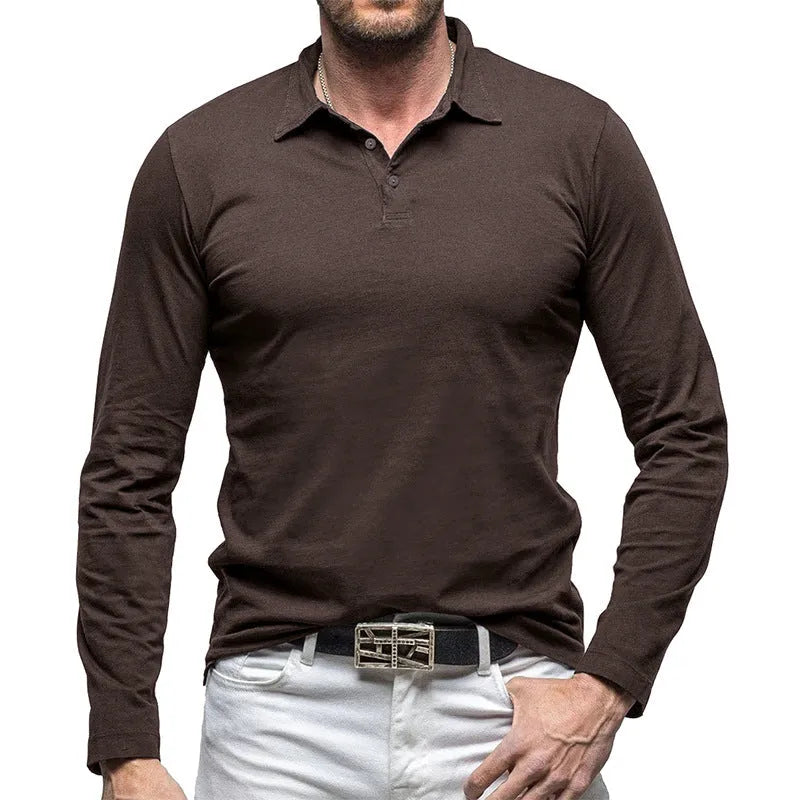 Men's dark gray cotton polo collar long sleeve t-shirt in American Retro style