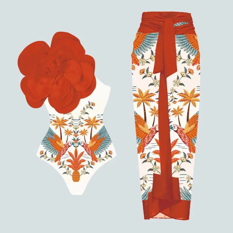 Women's floral print one-piece swimsuit with optional wrapped skirt