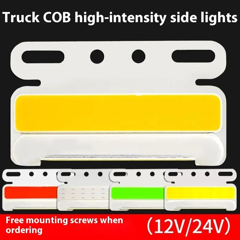 COB LED truck side light with grounded tyre light in aluminium alloy housing, shown in multiple colours.