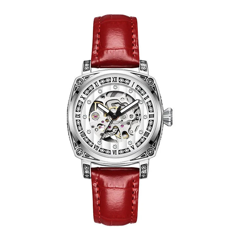 Leather strap mechanical watch with luminous hands showing black, red, steel strip and white colour options