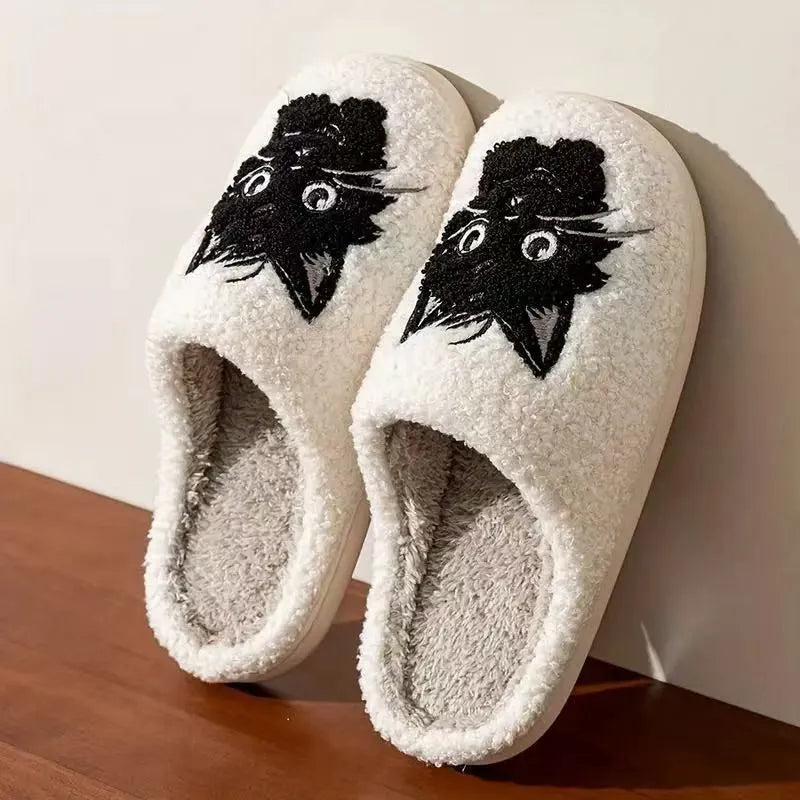 White plush cotton slippers with black beard cartoon cat couple design and non-slip TPR soles