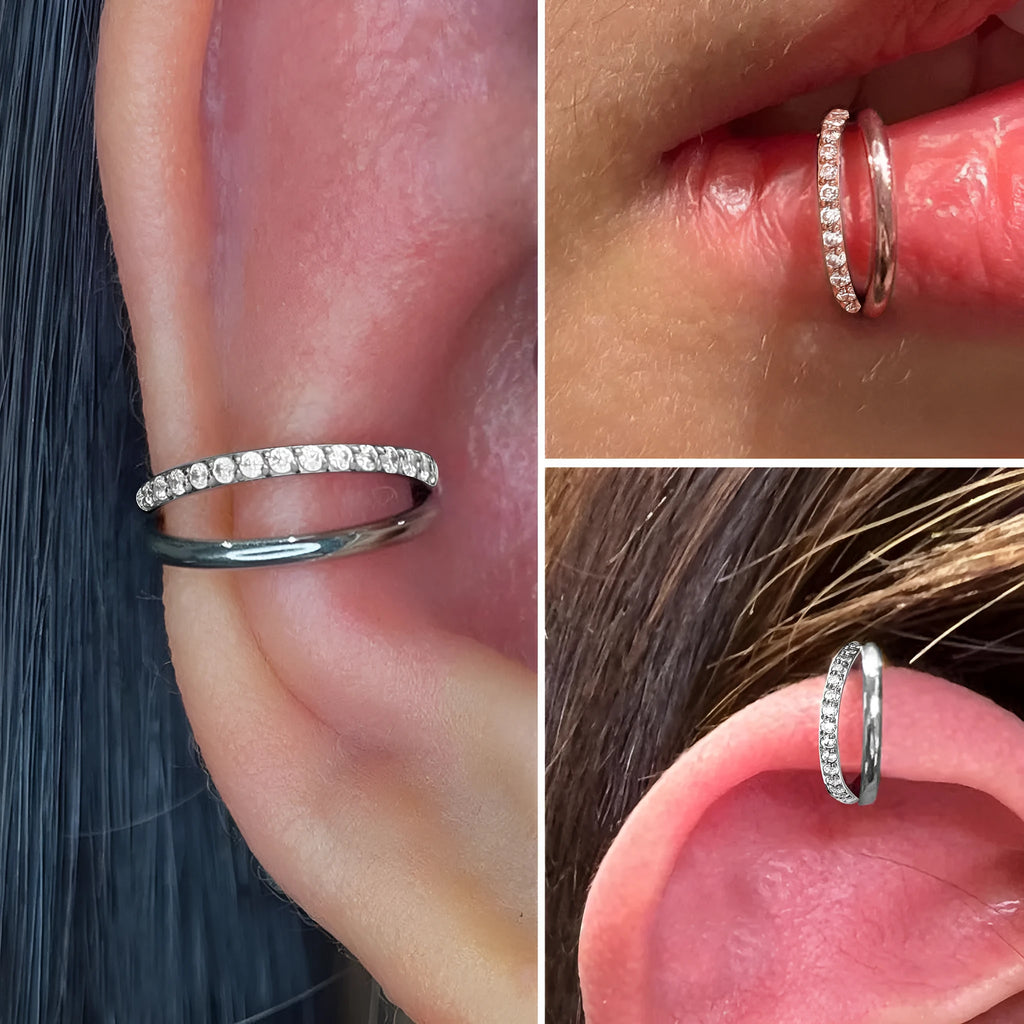 Titanium alloy nose ring in silver, available in plain or diamond-set styles and multiple lengths.