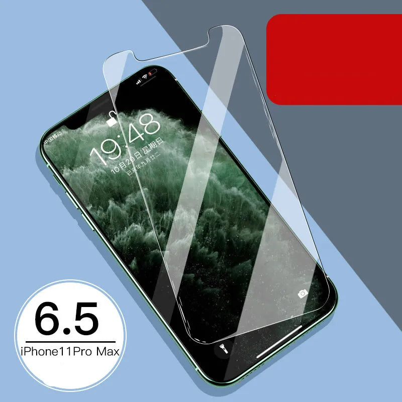 Tempered glass screen and rear camera protectors for Apple iPhone models on a white background.