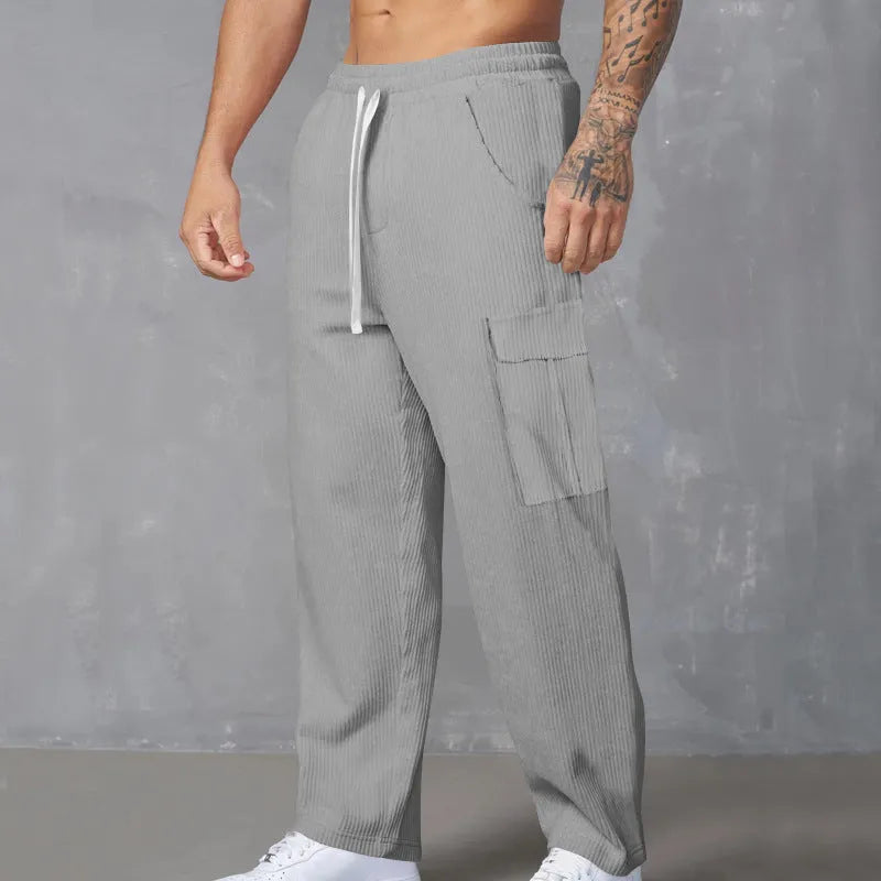 Men's corduroy cargo trousers in wide-leg straight fit with drawstring waist in multiple colour options