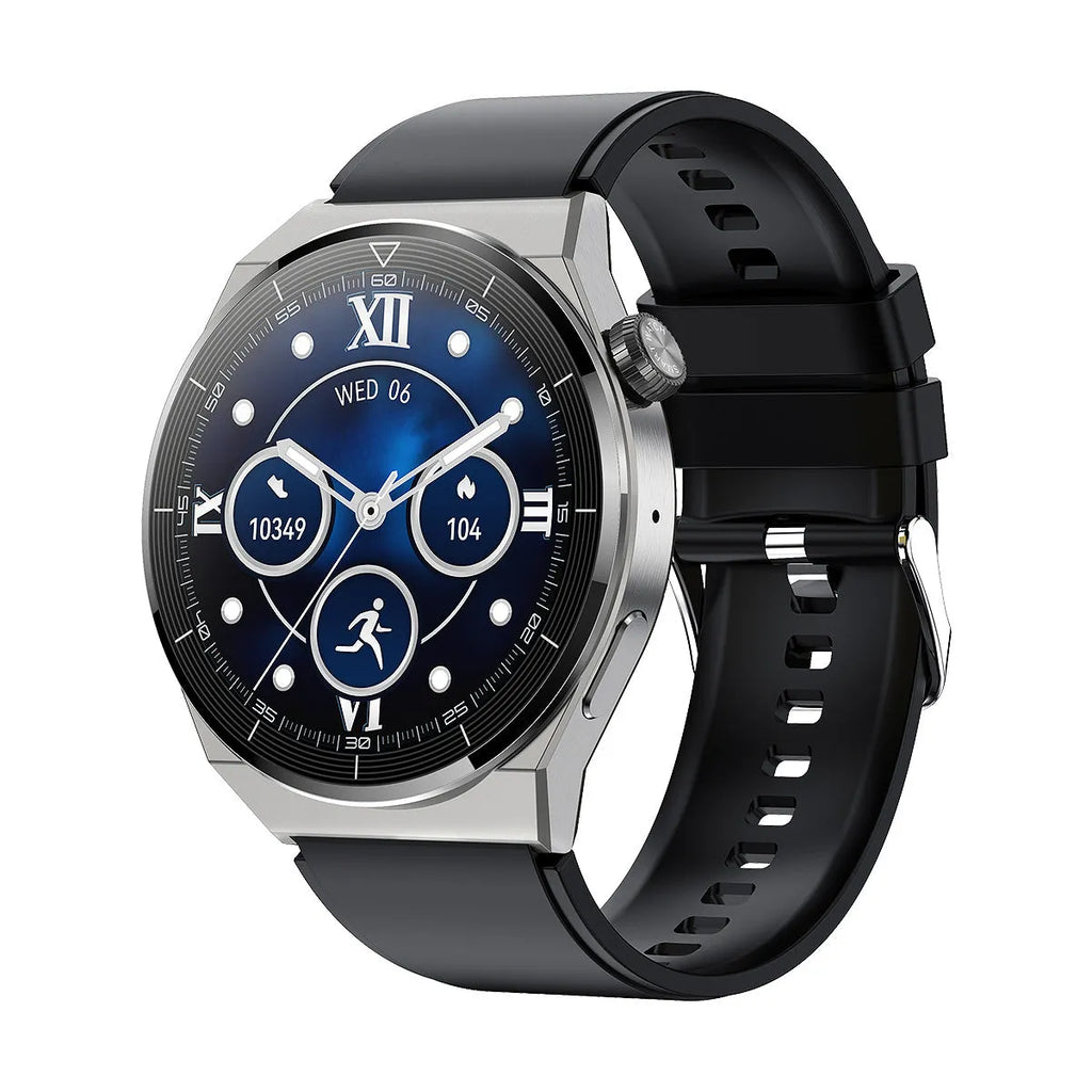 Black and silver Android smart watch with circular screen and silicone band for Bluetooth calls and NFC access.