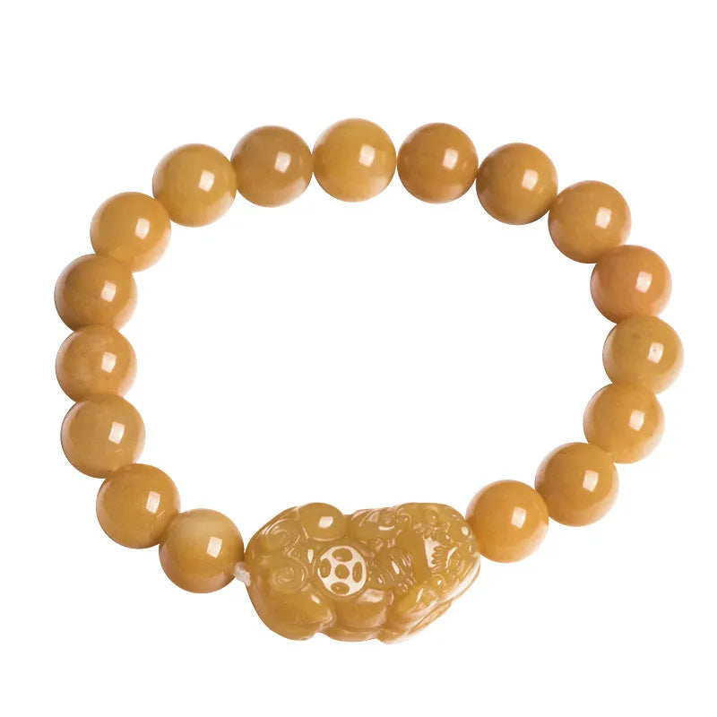 Carved Jinsi Jade money bracelet in golden thread colour showing large and small size options.