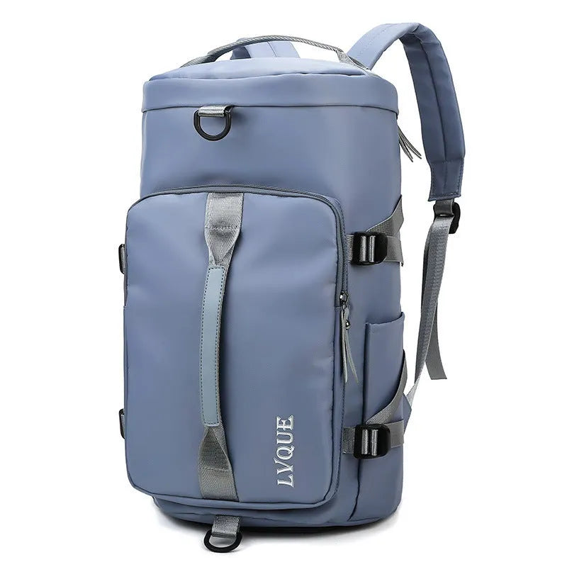 Black waterproof nylon backpack with combination lock, shown as a backpack and shoulder bag, featuring multiple pockets.