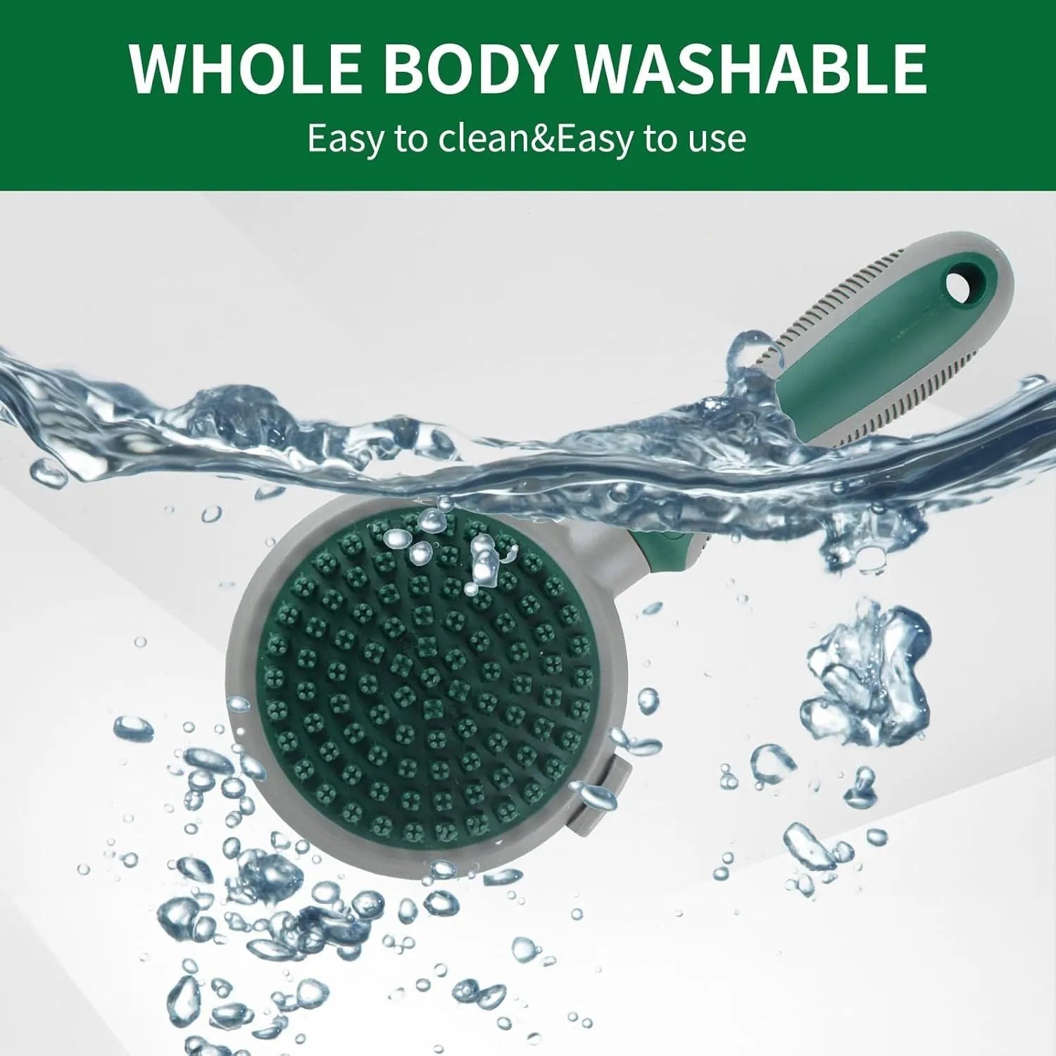 Green two-sided silicone pet brush with retractable slicker on one side and octopus-teethed massager on the other