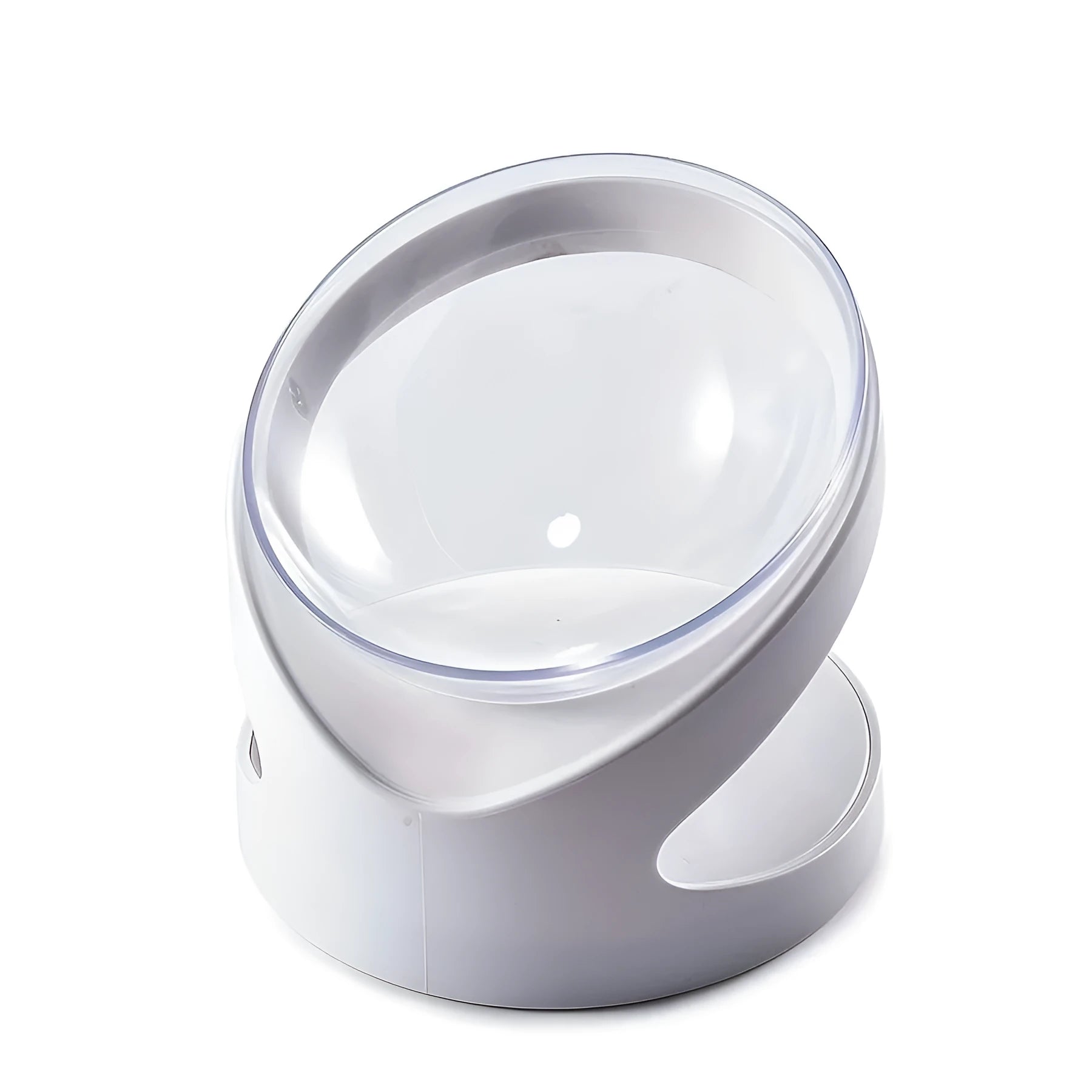 White elevated clear plastic cat food bowl with tilt design for dry and wet food