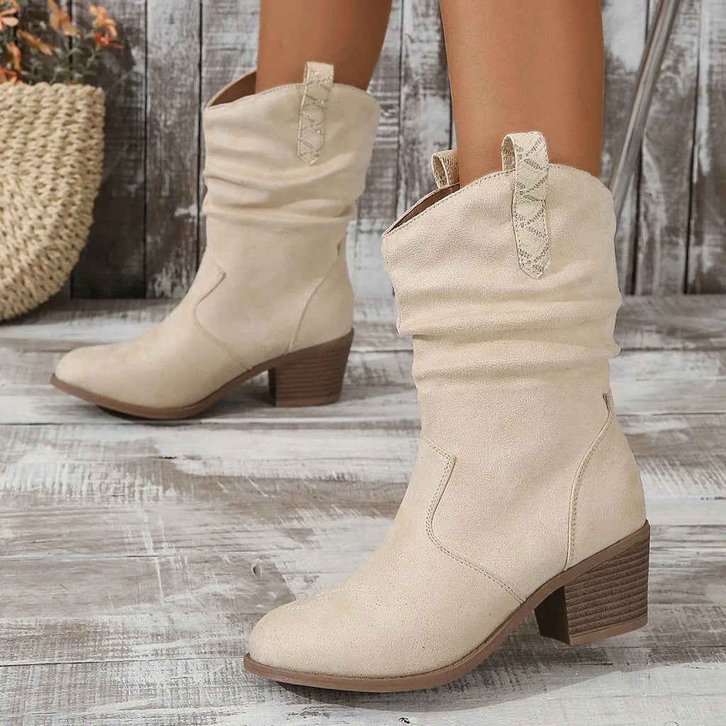 Women's suede mid-heel calf boots in lotus root colour on a white background