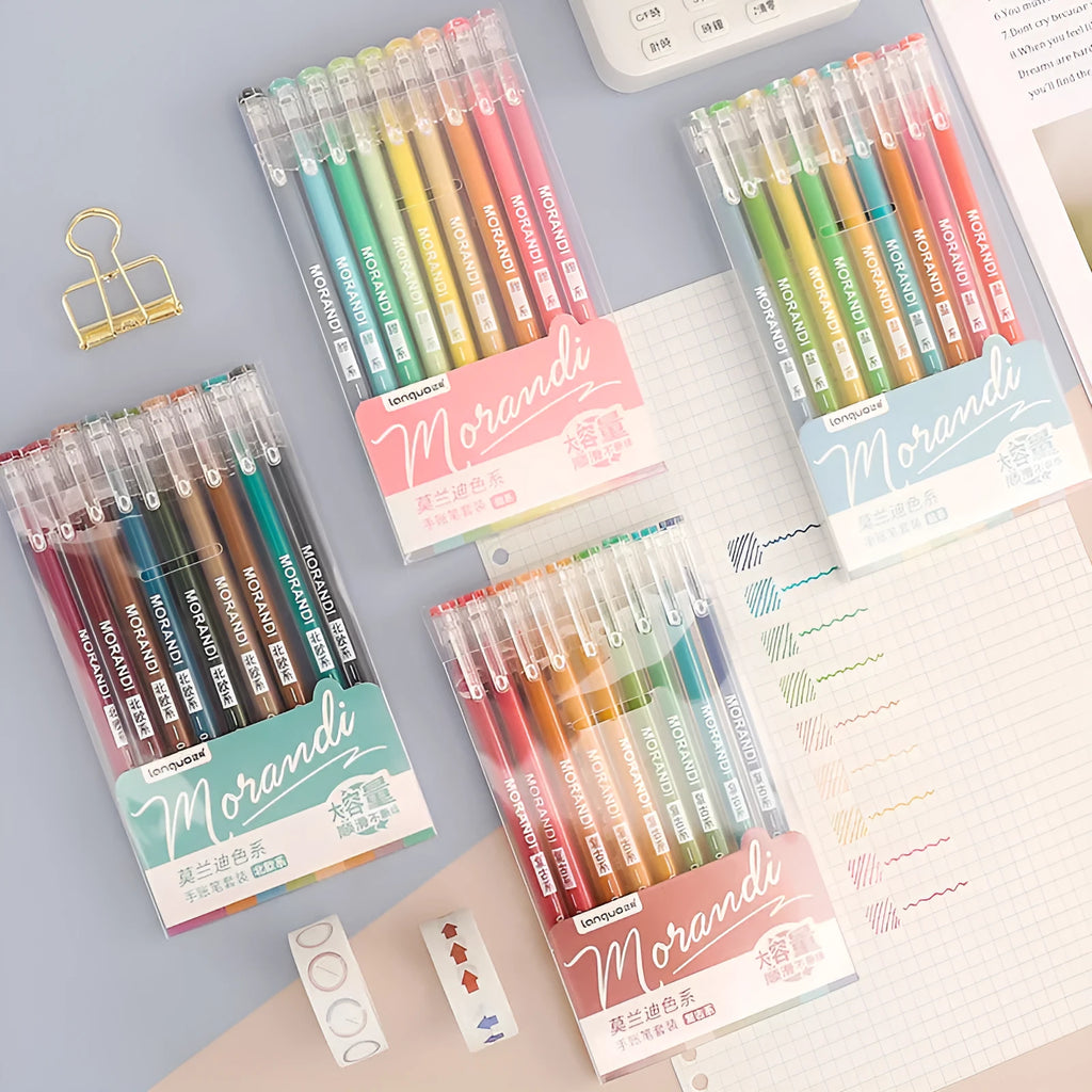 Retro hand account set of nine gel pens with 0.5mm needle tips in plastic storage case