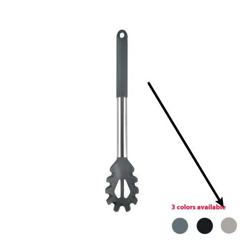 Black silicone 12-piece kitchen utensil set with rotating storage bucket including ladle, spatula, and food clip.