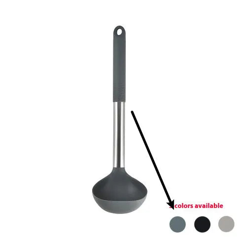 Black silicone 12-piece kitchen utensil set with rotating storage bucket including ladle, spatula, and food clip.