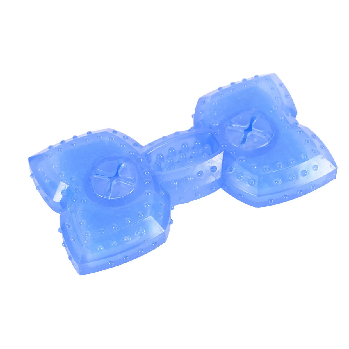 Freezable blue dog chew toy for teething puppies and cooling relief.