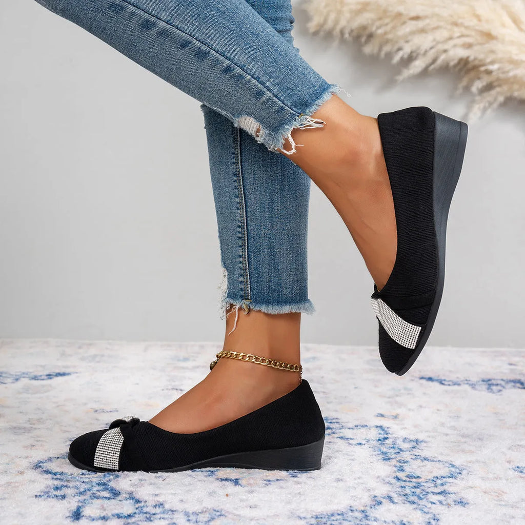 Black women's casual slip-on shoes with rhinestone detailing and chunky heels