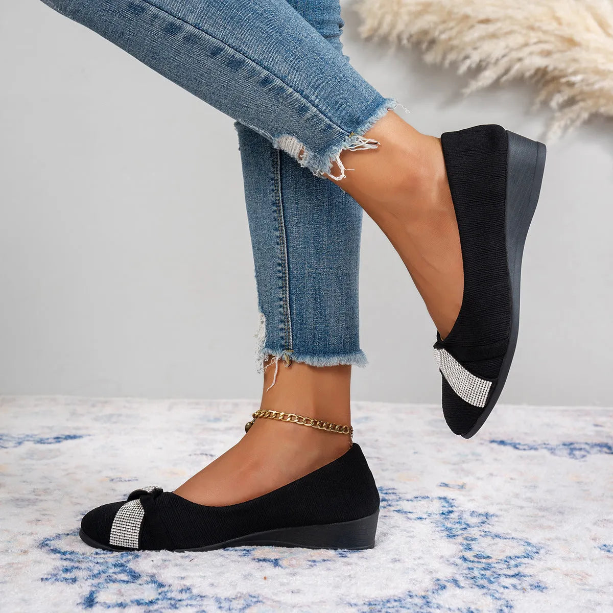 Black women's casual slip-on shoes with rhinestone detailing and chunky heels