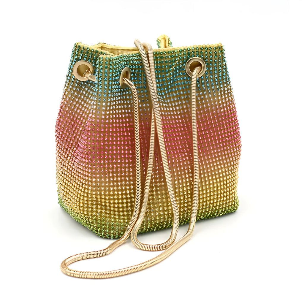 Rainbow rhinestone bucket bag with all-over diamond decoration and soft fabric texture