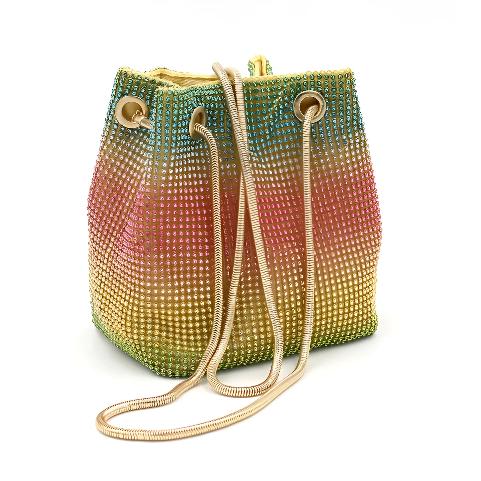 Rainbow rhinestone bucket bag with all-over diamond decoration and soft fabric texture