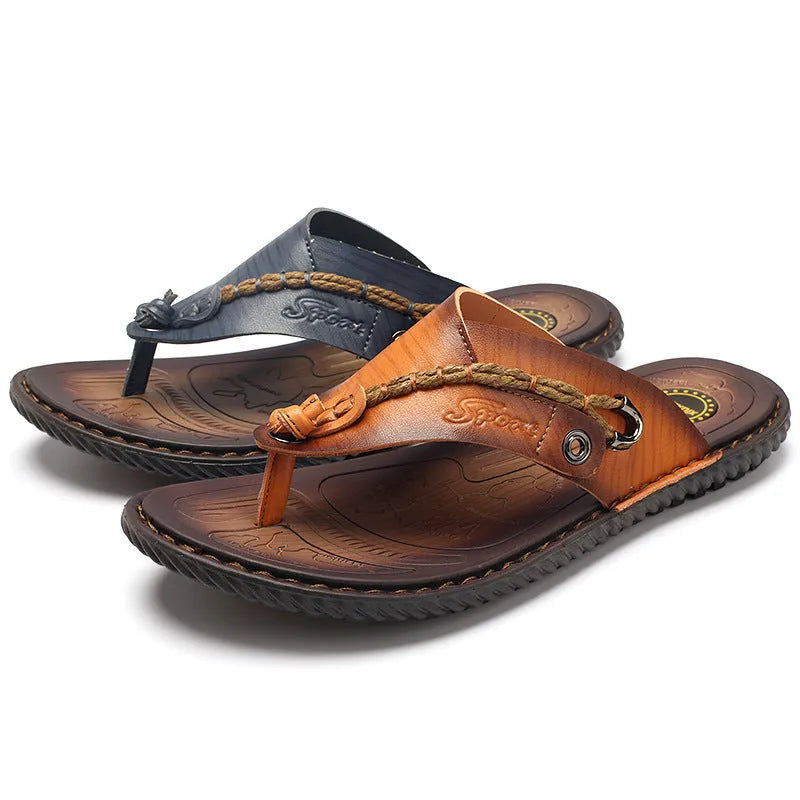 Men's herringbone patterned outdoor slippers in dark blue and khaki colours showing artificial PU upper and rubber sole