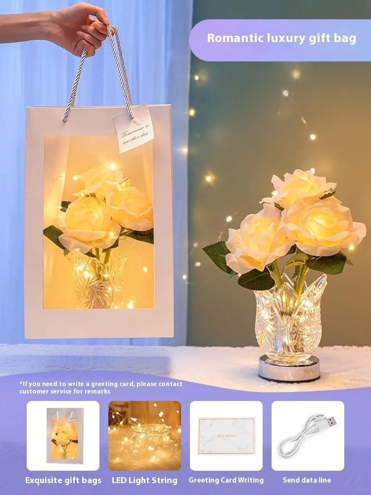 Modern crystal flowers bedside table lamp with USB charging port and touch-sensitive dimming control.