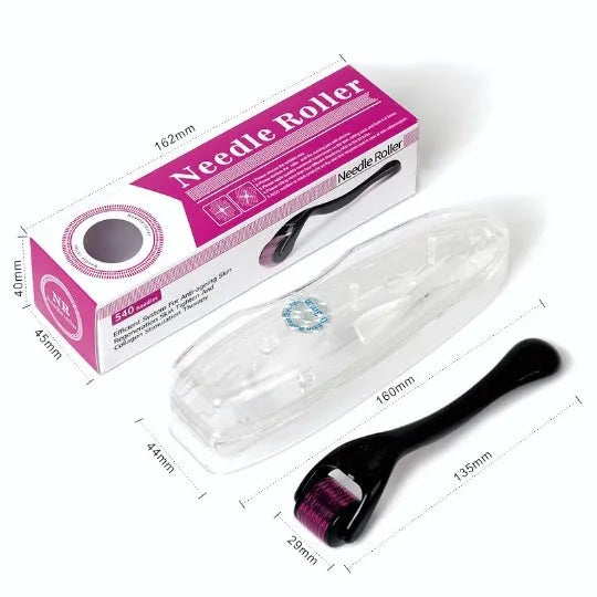 Black and purple derma roller with 540 titanium microneedles, showing needle size options from 0.2mm to 1.0mm.