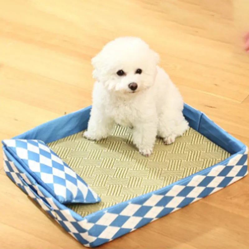 Blue summer rattan cat litter mat shown in a large size next to a cat bed.