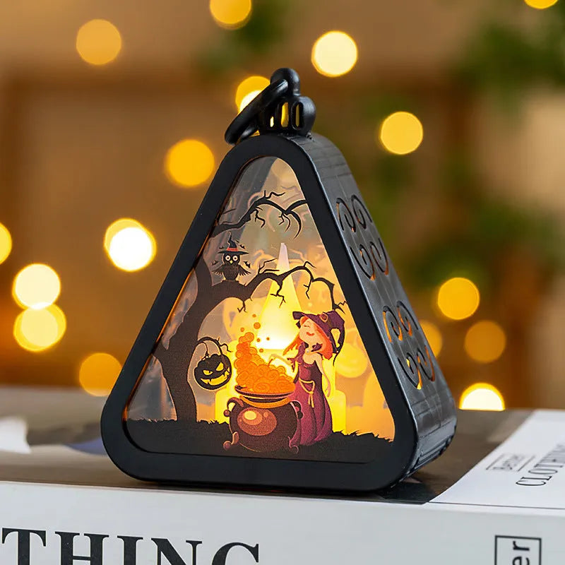Halloween pumpkin lamp decoration in plastic and glass measuring 8.9 by 5.2 by 11.5 cm