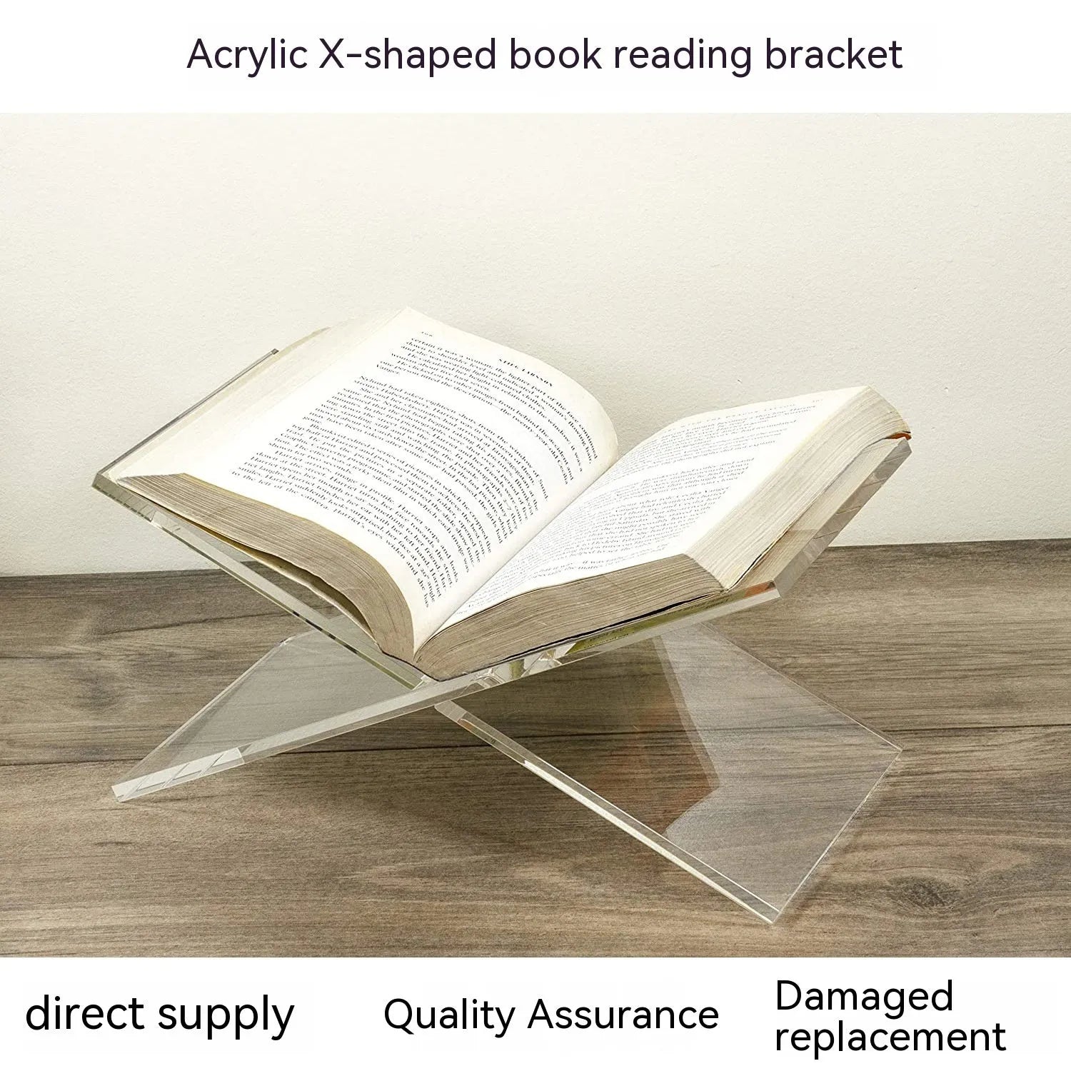 Clear acrylic X-type book reading rack displaying books upright on desktop