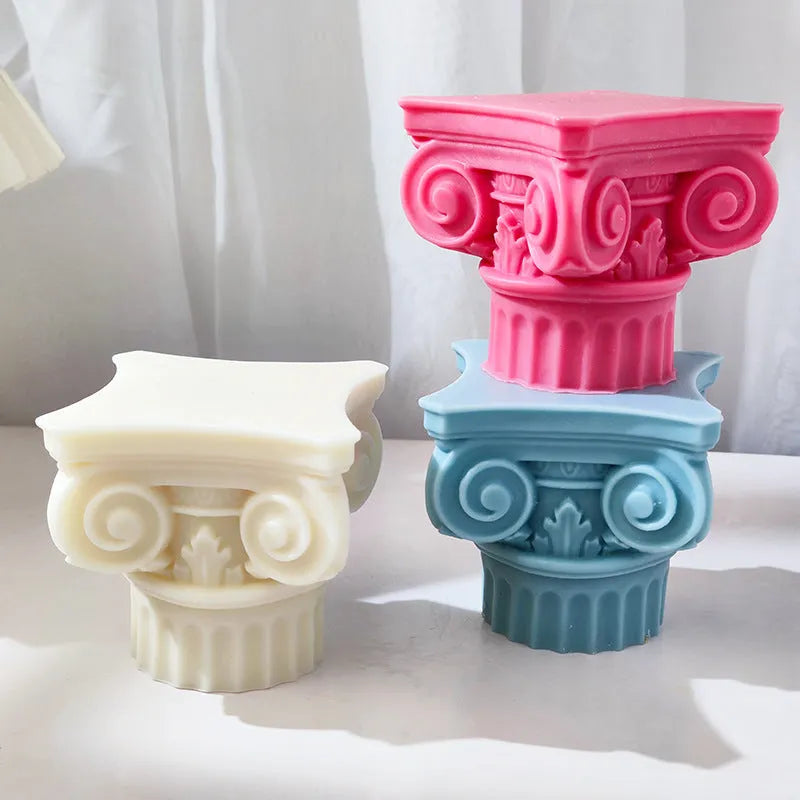 Flexible silicone Roman pillar candle mould on a white background