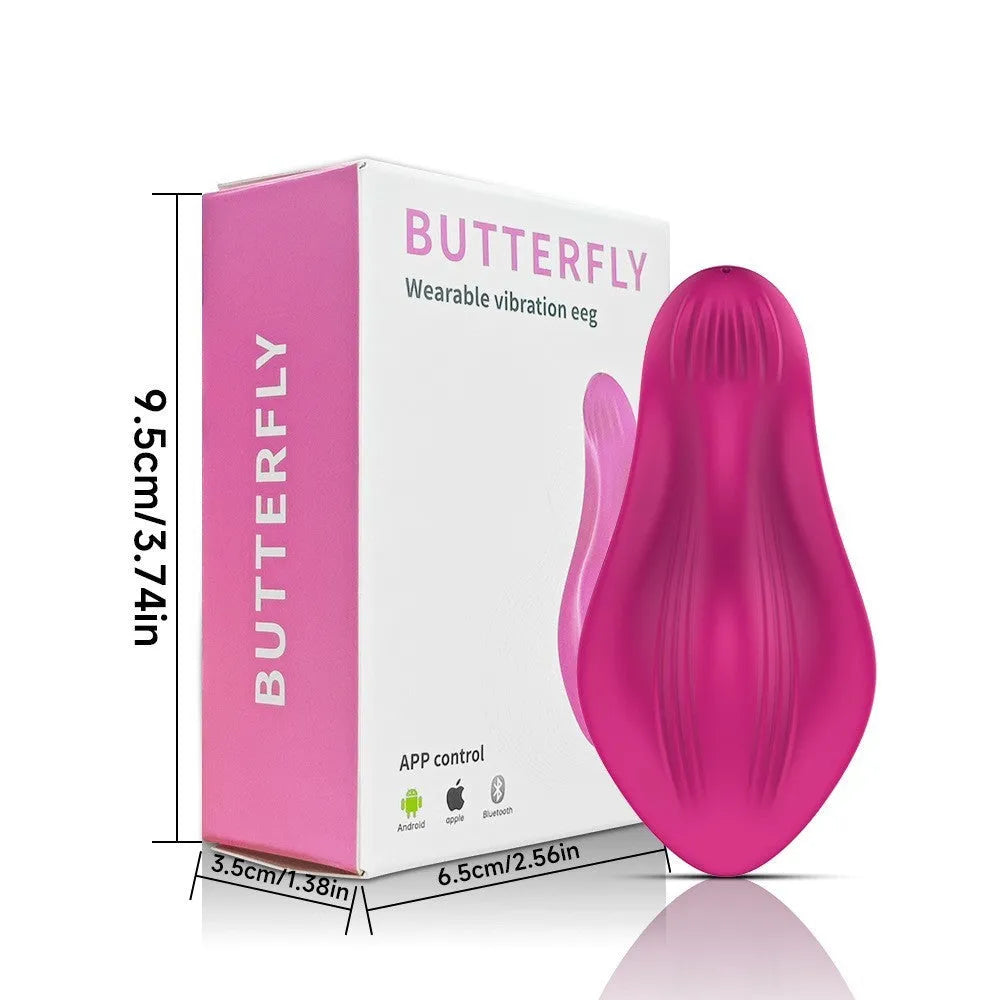 Rose red silicone wearable female vibrator with butterfly shape for app-controlled stimulation