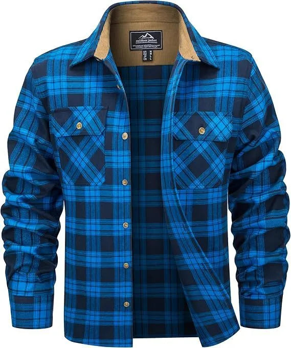Men's polyester flannel button shirt with plaid pattern in green, navy, orange, and wine red colors available in sizes S to 5XL