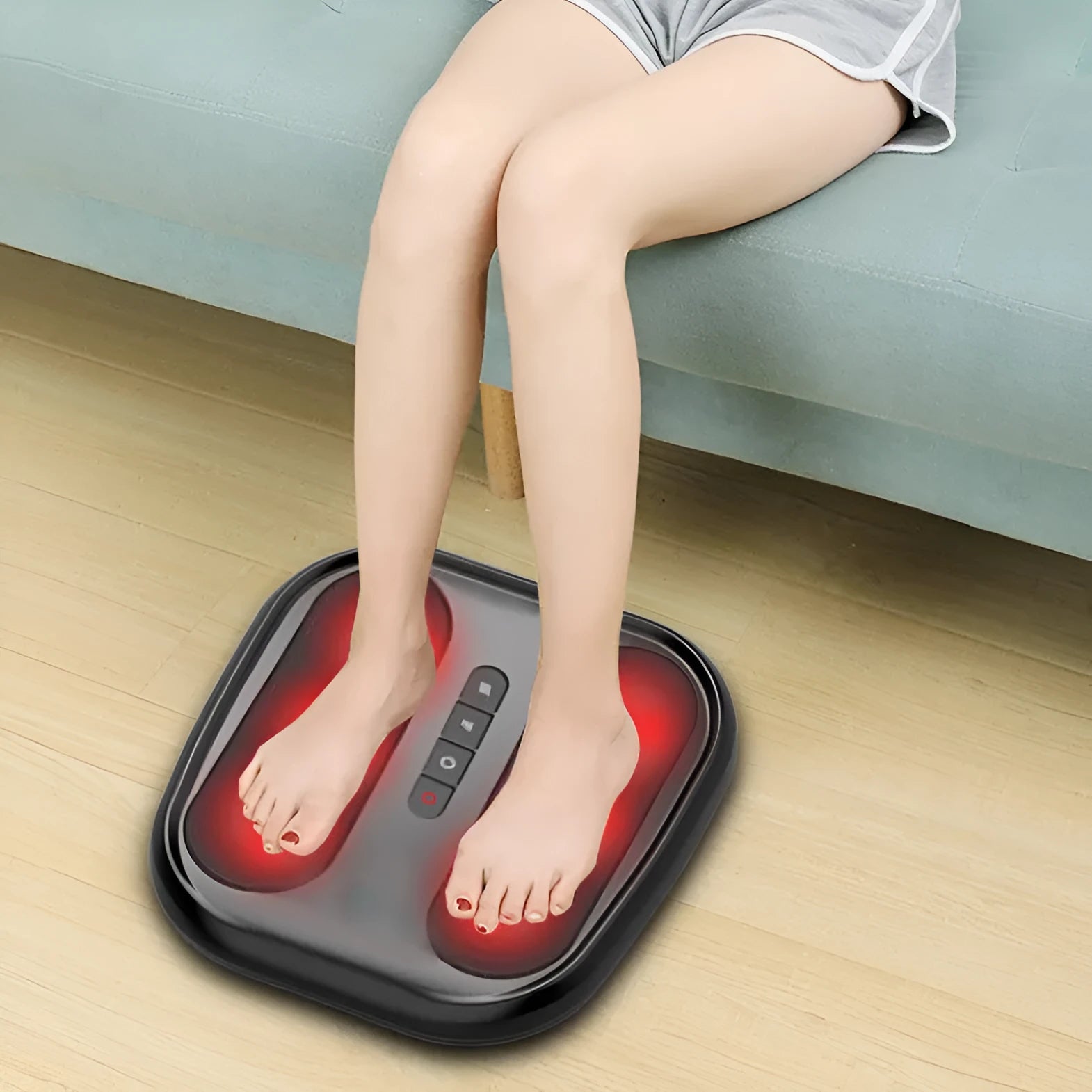 Multifunctional foot massager with kneading nodes and infrared physiotherapy in black, orange, green, and red colours