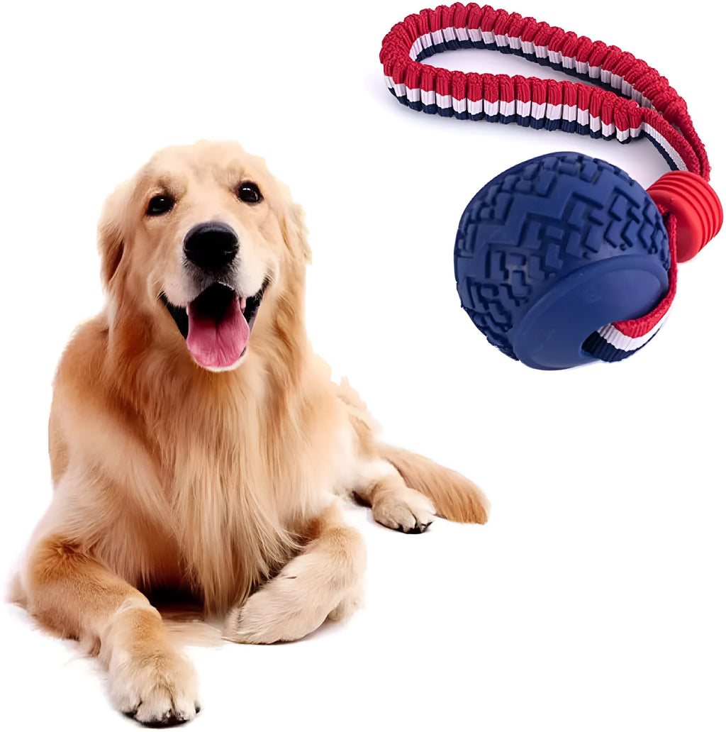 Blue rubber dog ball with rope toy for small dogs showing textured surface and 29cm length