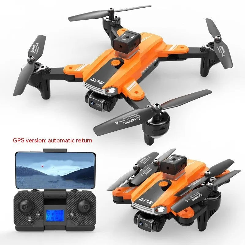 Orange quadcopter drone with four propellers and dual cameras showing obstacle avoidance sensors
